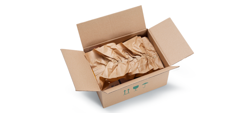 Una caja de cartón con almohadillados de papel marrón