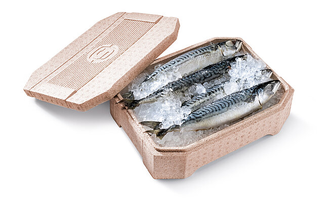 Una caja aislante de bioplástico marrón que contiene pescado fresco y hielo