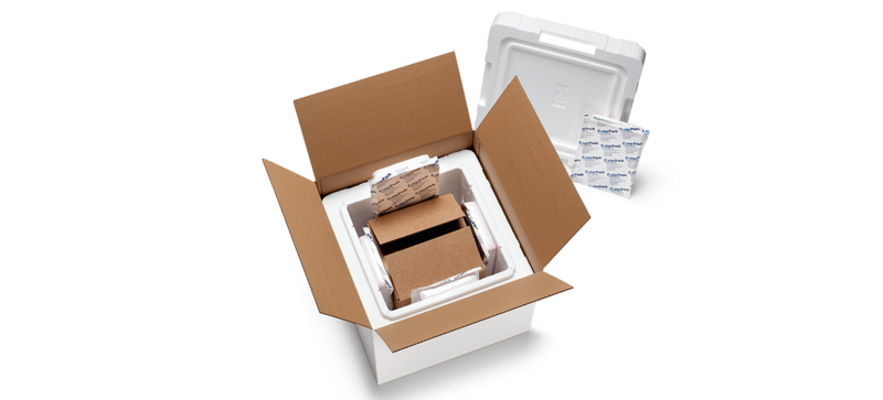 Una caja de cartón con una caja aislante blanca y otra caja interior y baterías de refrigeración